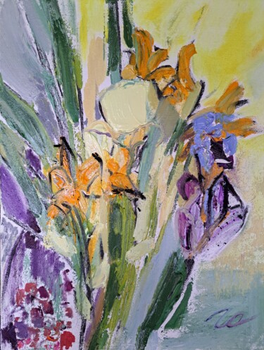 Букет с ирисами и лилейниками / Bouquet with irises and lili 绘画 标题为“Букет с ирисами и л…” 由Oksana Golichenkova, 原创艺术品, 油 安装在木质担架架上