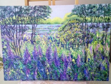 Painting titled "Море люпину" by Anna Polat, Original Artwork, Oil Mounted on Wood Stretcher frame