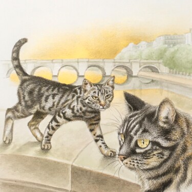 Painting titled "Chats-ponts" by Isabelle Molinard, Original Artwork, Watercolor