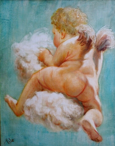 👼 À cheval sur mon nuage 👼 Astride my cloud Peinture intitulée "👼 À cheval sur mon…" par Isabel Mahe, Œuvre d'art originale, Huile Monté sur Panneau de bois
