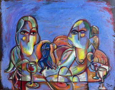 Painting titled "The Evening Picnic." by Yuliya Pochynok (JJ Julia), Original Artwork, Oil Mounted on Wood Stretcher frame