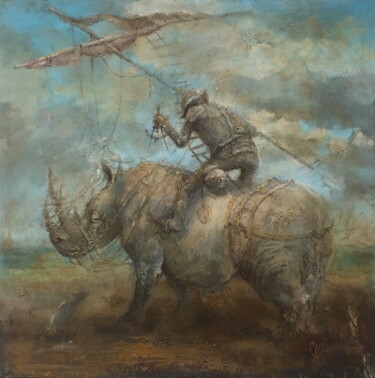 Schilderij getiteld "Rearguard" door Sergii Shkoliar, Origineel Kunstwerk, Olie Gemonteerd op Frame voor houten brancard