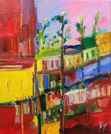 Painting titled "Les cabanes à vue d…" by Muriel Cayet, Original Artwork, Acrylic Mounted on Wood Stretcher frame