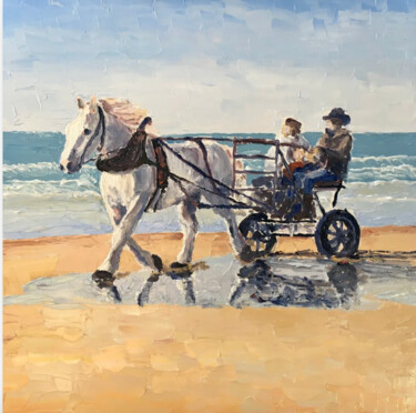 Peinture intitulée "Calèche sur la Plage" par Thomas Grotzky, Œuvre d'art originale, Huile