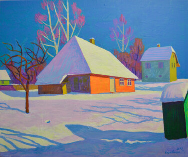 Winter landscape with an orange house. No.3 Peinture intitulée "Winter landscape wi…" par Mykola Kozlovskyi, Œuvre d'art originale, Acrylique