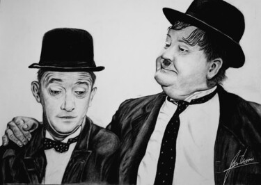 Drawing titled "Laurel and Hardy" by John Thomas, Original Artwork, Charcoal