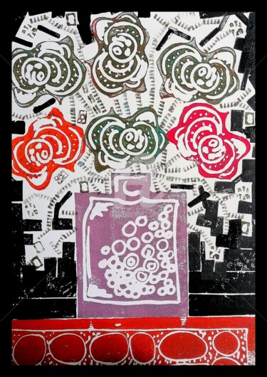 Printmaking titled "Samedi à la maison" by Christophe Flaugère, Original Artwork, Linocuts Mounted on Cardboard