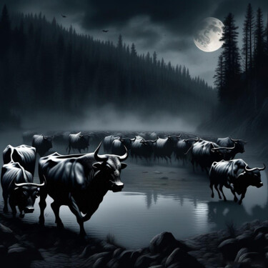 Arts numériques intitulée "Angry bulls" par Alexander Mats, Œuvre d'art originale, Image générée par l'IA