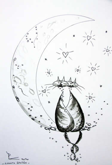 Dessin intitulée "coeurs étoilés" par Patricia Blondel, Œuvre d'art originale, Encre