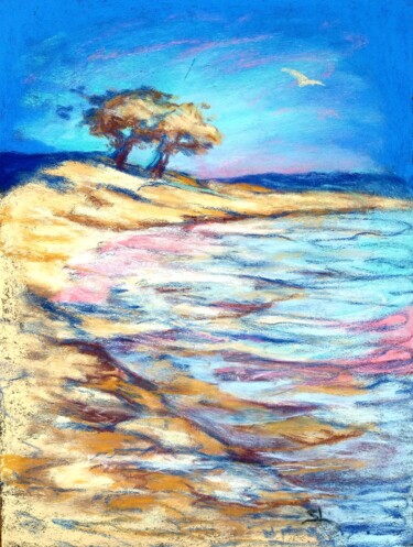 Painting titled "Plage de la Madragu…" by Sandrine Lefebvre, Original Artwork, Pastel