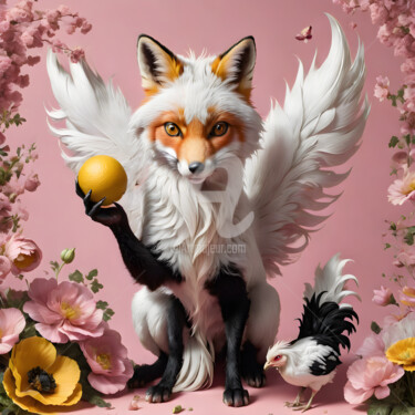 数字艺术 标题为“FOX & ROOSTER #3” 由Doval, 原创艺术品, AI生成的图像