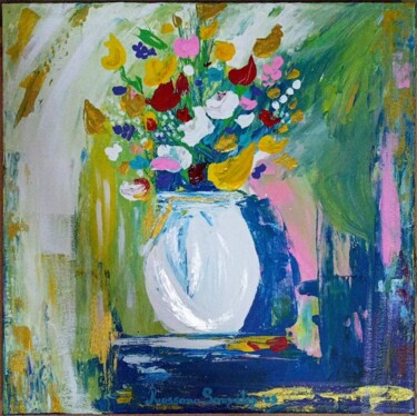 Jarron con flores abstracto Pintura titulada "Jarron con flores a…" por Rossana González, Obra de arte original, Acrílico