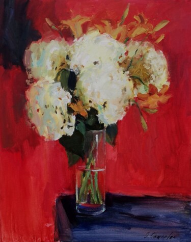 Hortensia sur fond rouge 绘画 标题为“Hortensia sur fond…” 由Olga Samar, 原创艺术品, 油