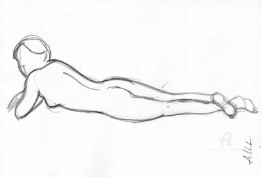 Drawing titled "Nu allongé-A-0057" by Alliet-Delacroix, Original Artwork, Pencil