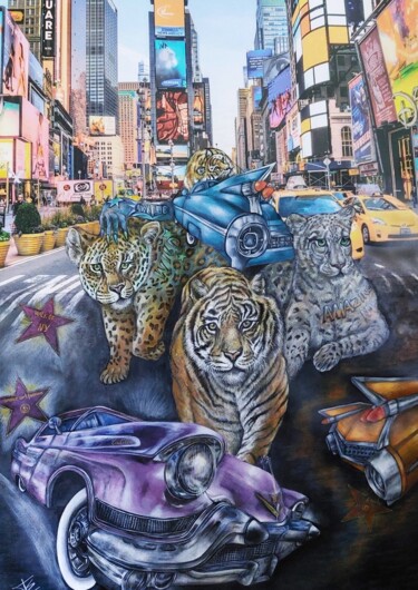 "Tiere in surrealen Szenen" - " NYC - wild and crazy" 绘画 标题为“"Tiere in surrealen…” 由Karin Schmid, 原创艺术品, 丙烯 安装在其他刚性面板上