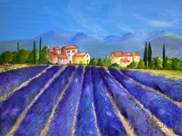 Schilderij getiteld "Les champs de Lavan…" door Denise Latour, Origineel Kunstwerk, Olie
