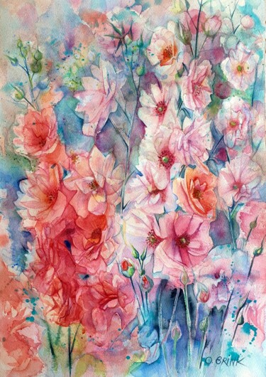 Painting titled "Hollyhocks" by Olga Brink Art, Original Artwork, Watercolor Mounted on Cardboard