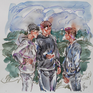 Disegno intitolato "Conversation betwee…" da Sergey Sovkov, Opera d'arte originale, Acquarello