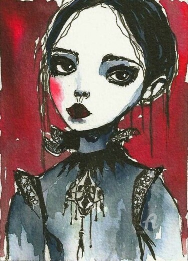 Pintura intitulada "GOTHIC GIRL no°4" por Mala, Obras de arte originais, Aquarela