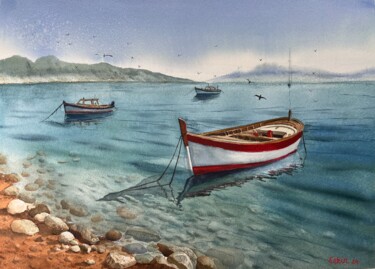 Tranquil Moored Rowboats. Картина под названием "Tranquil Moored Row…" - Erkin Yılmaz, Подлинное произведение искусства, Акварель