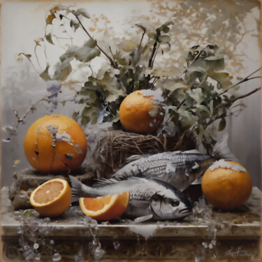 数字艺术 标题为“STILL LIFE WITH ORA…” 由Josep Domènech, 原创艺术品, AI生成的图像 安装在纸板上