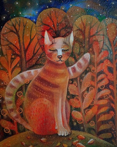 绘画 标题为“Melancholy cat” 由Юлия Поташова (Вострикова), 原创艺术品, 丙烯 安装在木质担架架上