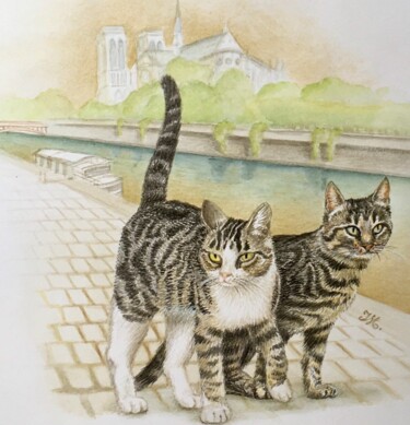 Painting titled "Chats- Notre-Dame" by Isabelle Molinard, Original Artwork, Watercolor