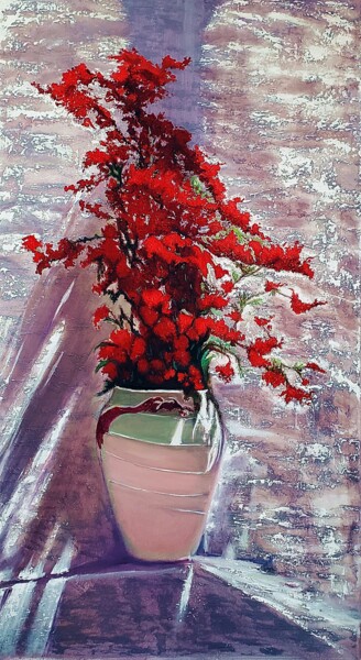 「Quince Red Flowers…」というタイトルの絵画 Tetyana Hamiltonによって, オリジナルのアートワーク, オイル ウッドストレッチャーフレームにマウント