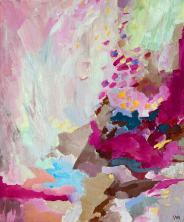 Painting titled "Pink Landscape" by Vladia Molchanova (VLADIA), Original Artwork, Acrylic Mounted on Wood Stretcher frame