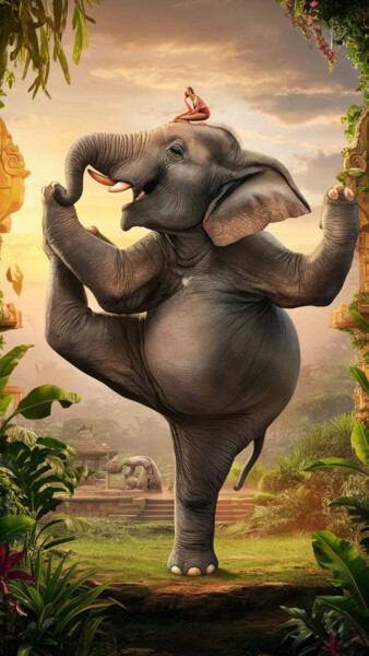 Arts numériques intitulée "elephant yogi" par Caprice, Œuvre d'art originale, Image générée par l'IA