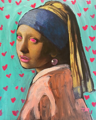 Schilderij getiteld "Teal and Hearts" door Tracy Brown, Origineel Kunstwerk, Acryl