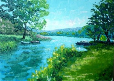 Barques - Lac de Lézieu - Ain - Rhône Alpes - France - Réf: 146Fg Peinture intitulée "Barques - Lac de Lé…" par Aberius, Œuvre d'art originale, Acrylique