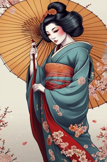 geisha et son ombrelle Arts numériques intitulée "geisha et son ombre…" par Caprice, Œuvre d'art originale, Image générée par l'IA