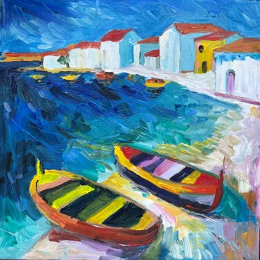 Painting titled "Seaside shore with…" by Irina Anis, Original Artwork, Oil Mounted on Wood Stretcher frame