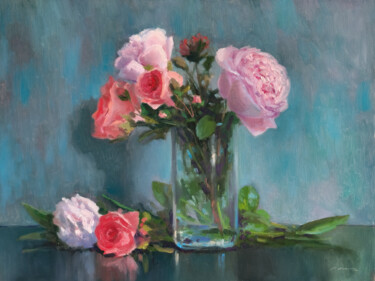 Peinture intitulée "Roses et Pivoines d…" par Pascal Giroud, Œuvre d'art originale, Huile