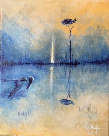Peinture intitulée "Solitaire bleu et or" par Marie-Noelle Chauny, Œuvre d'art originale, Acrylique Monté sur Châssis en bois