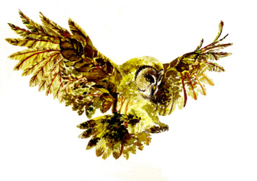 绘画 标题为“Bright green owl” 由Yulia Belasla, 原创艺术品, 水彩