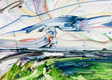 Sunset with grass and water Peinture intitulée "Sunset with grass a…" par Simone Romani, Œuvre d'art originale, Huile Monté sur Châssis en bois