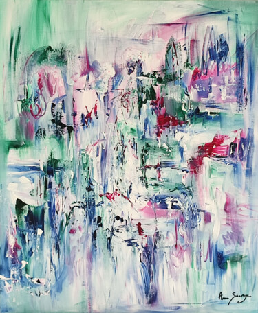 Les gorges émeraude - tableau abstrait vert rose vetical Peinture intitulée "Les gorges émeraude…" par Âme Sauvage, Œuvre d'art originale, Acrylique Monté sur Châssis en bois