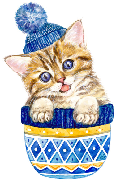 Painting titled "Ginger kitten" by Yulia Belasla, Original Artwork, Watercolor