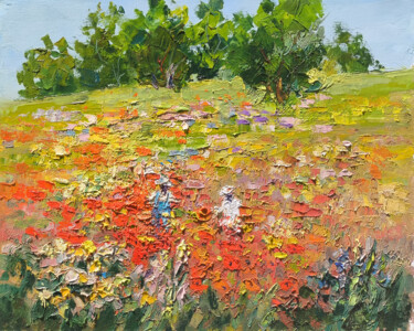 Flower World of Little Girls Painting titled "Flower World of Lit…" by Hrach Baghdasaryan, Original Artwork, Oil Mounted on Wood Stretcher frame