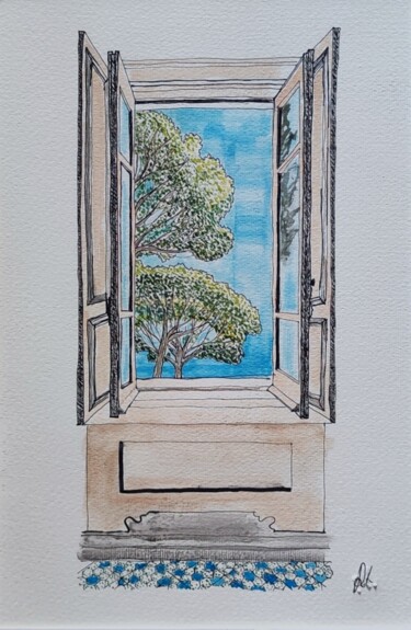 Schilderij getiteld "Finestra sui pini_V…" door Ralf_19, Origineel Kunstwerk, Aquarel Gemonteerd op Karton