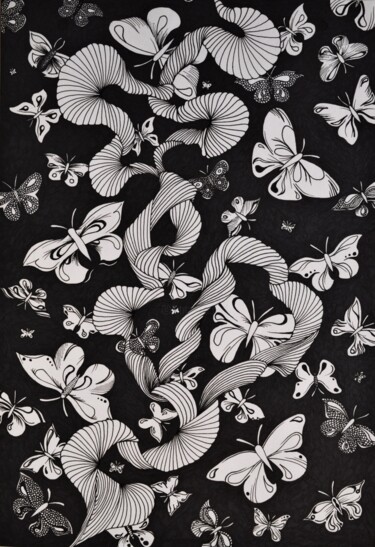 Drawing titled "Danza de Mariposas" by Nicolás Ferrer, Original Artwork, Ink Mounted on Other rigid panel