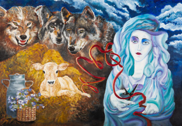 Painting titled "Les ciseaux de la P…" by Marianne Kiciak, Original Artwork, Oil Mounted on Wood Panel
