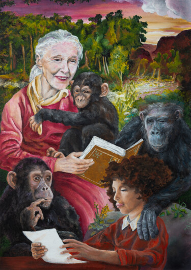 Peinture intitulée "Jane Goodall" par Marianne Kiciak, Œuvre d'art originale, Huile Monté sur Panneau de bois