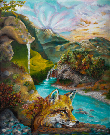 Peinture intitulée "Le Renard Monde" par Marianne Kiciak, Œuvre d'art originale, Huile Monté sur Panneau de bois