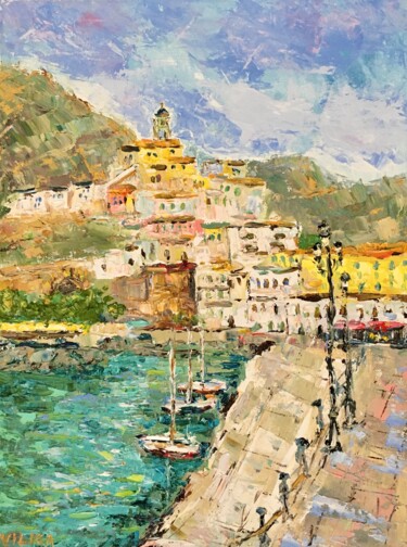 Painting titled "Amalfi Coast Citysc…" by Vilma Gataveckiene, Original Artwork, Oil
