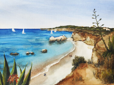 Ζωγραφική με τίτλο "View of Praia da Ro…" από Hanna Samoilenko, Αυθεντικά έργα τέχνης, Ακουαρέλα