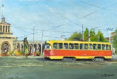 Nostalgic Ride Malerei mit dem Titel "Nostalgic Ride" von Narek, Original-Kunstwerk, Öl Auf Keilrahmen aus Holz montiert
