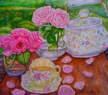 Still life roses in a vase with nature landscape 绘画 标题为“Still life roses in…” 由Watercolor Whisper, 原创艺术品, 水彩